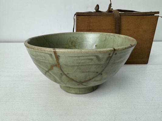 Y10460 CHAWAN Celadon bowl kintsugi box Chinese art China antique pottery pot