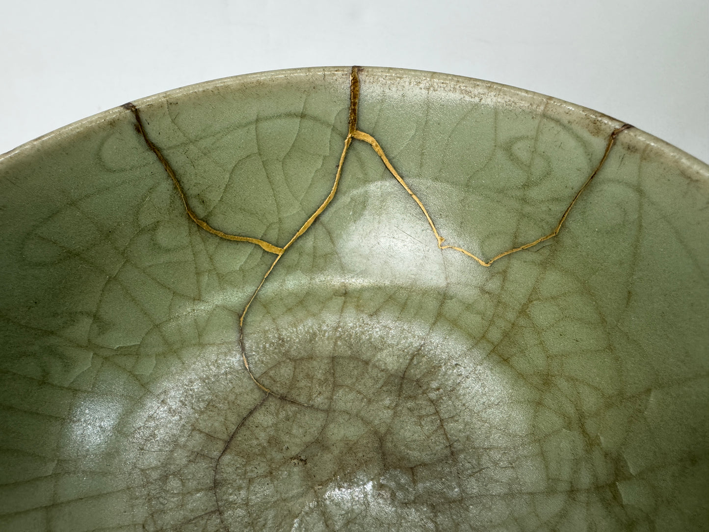Y10460 CHAWAN Celadon bowl kintsugi box Chinese art China antique pottery pot