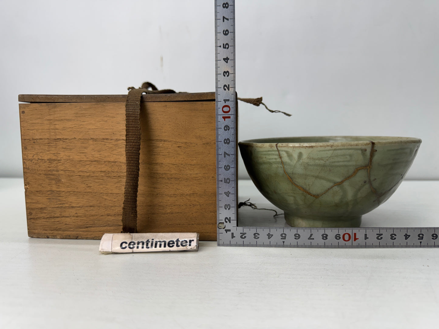 Y10460 CHAWAN Celadon bowl kintsugi box Chinese art China antique pottery pot