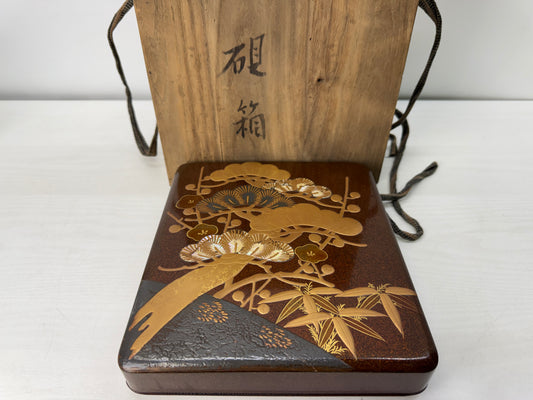 Y10461 BOX Korin Makie suzuri inkstone case pine crane Japan antique container
