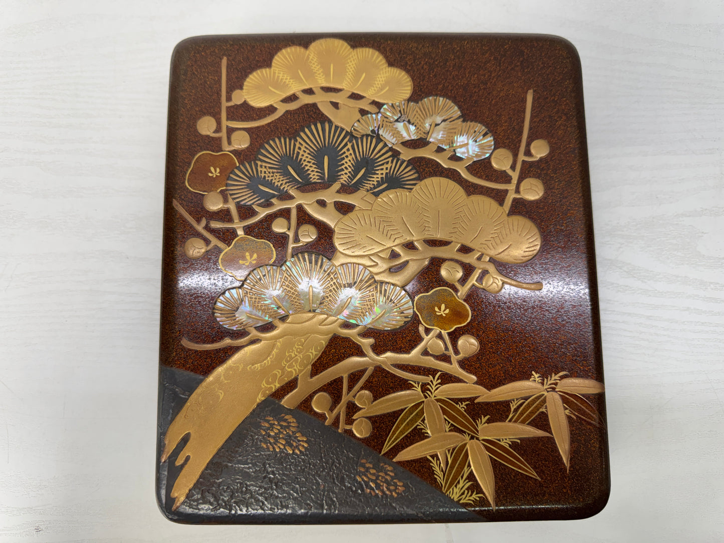 Y10461 BOX Korin Makie suzuri inkstone case pine crane Japan antique container