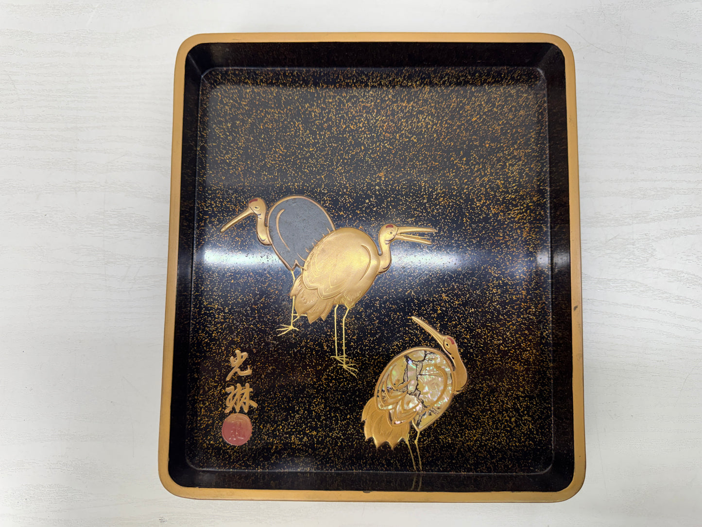 Y10461 BOX Korin Makie suzuri inkstone case pine crane Japan antique container