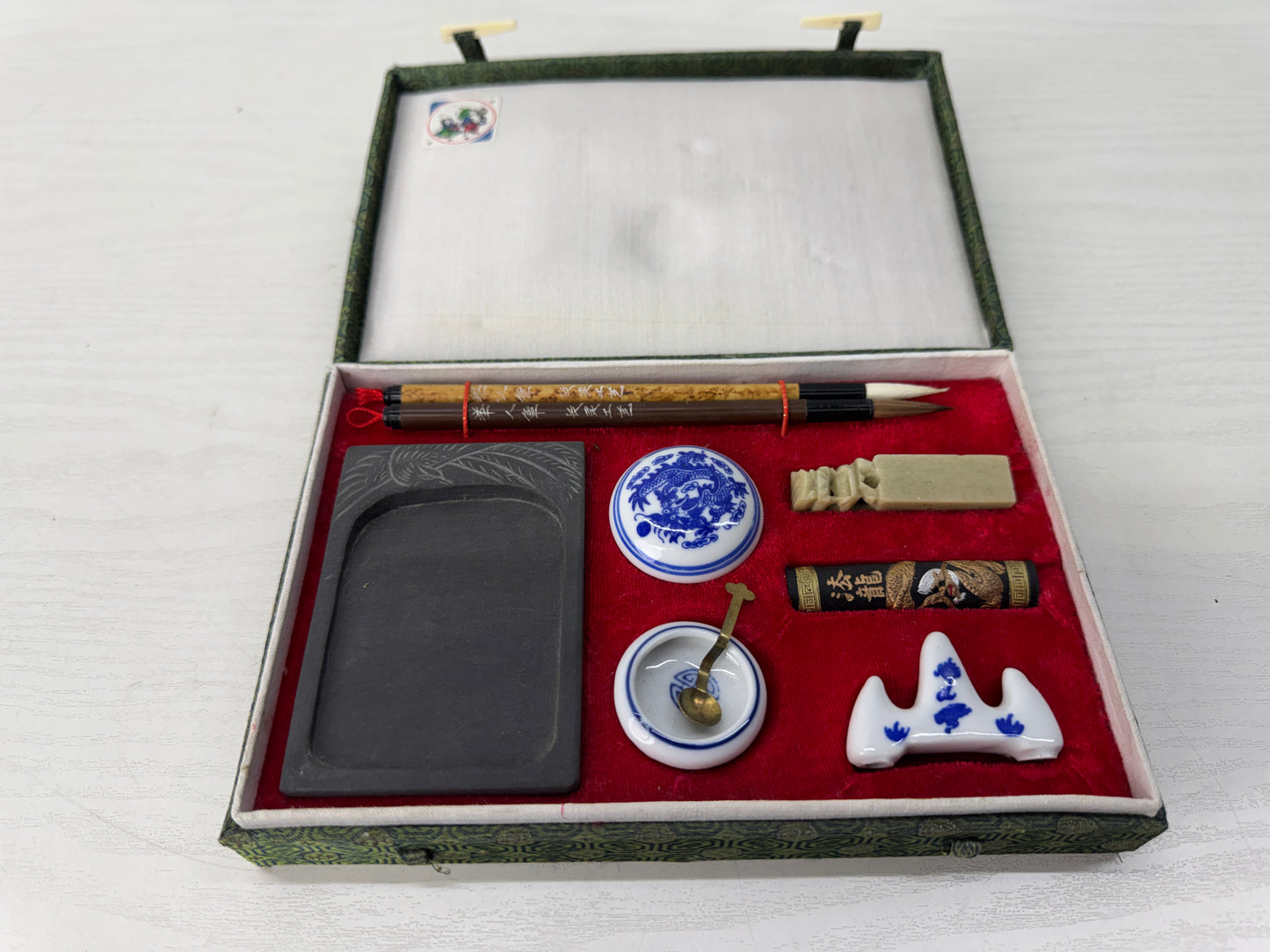 Y10462 STATIONERY calligraphy brush suzuri inkstone set box China antique study