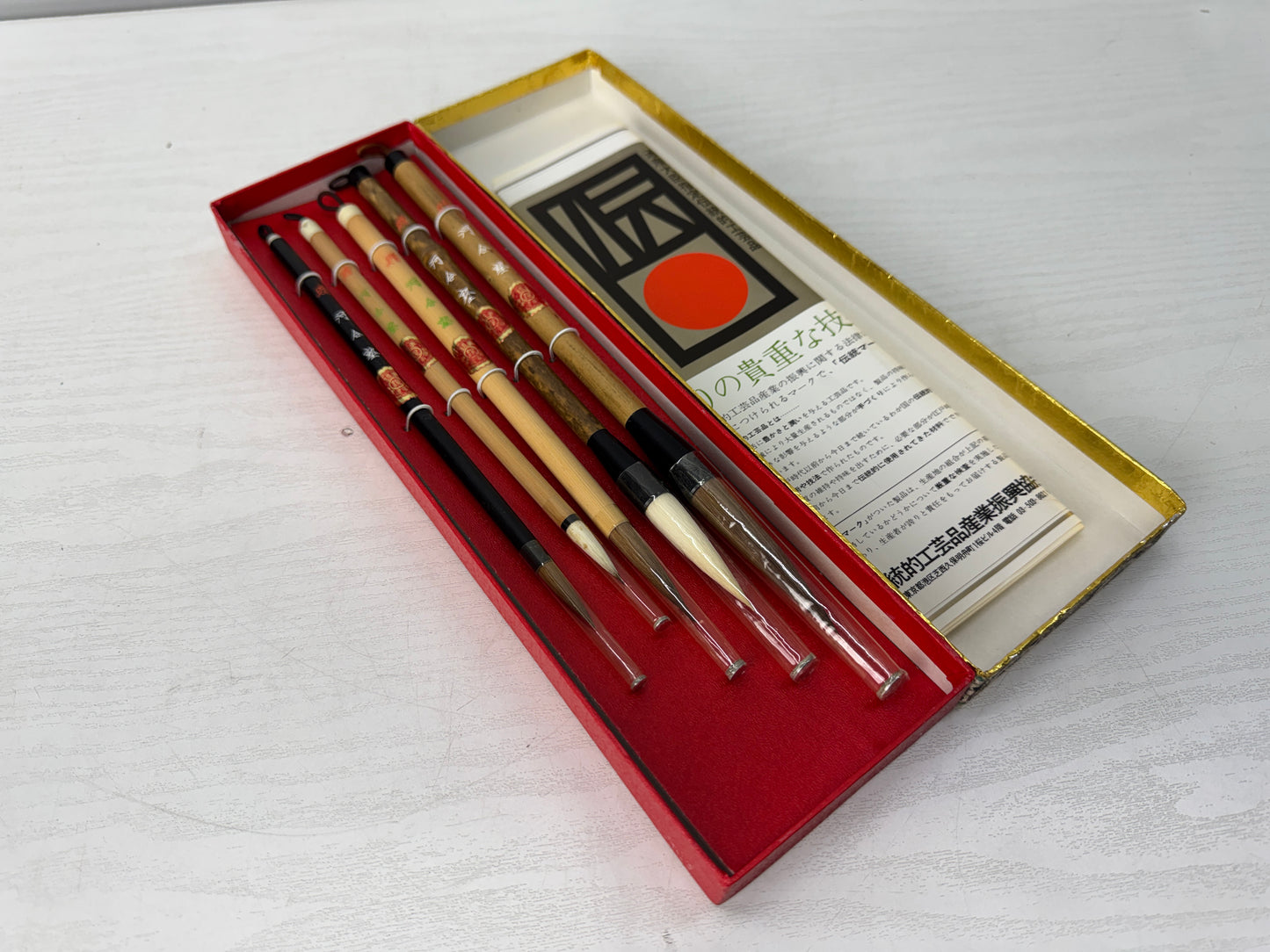 Y10463 FUDE 5 ink writing Brushes box calligraphy stationery Japan antique study