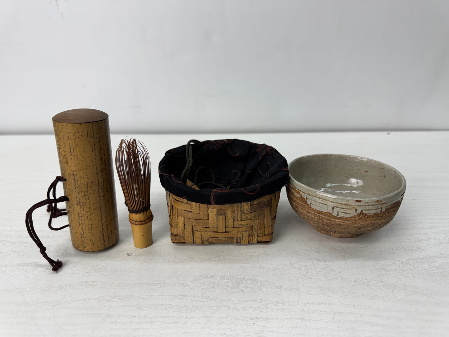 Y10470 CHAWAN bowl Bamboo woven basket Chasen whisk set Japan tea ceremony
