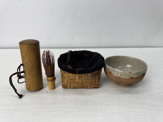 Y10470 CHAWAN bowl Bamboo woven basket Chasen whisk set Japan tea ceremony