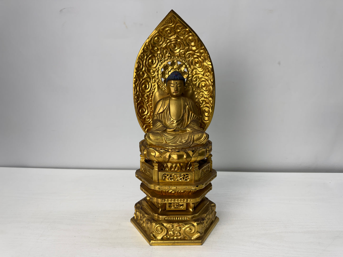 Y10485 STATUE wood carving Amida Buddha seated figurine Japan antique interior