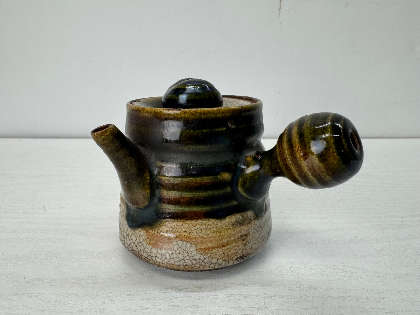 Y10490 KYUSU Oribe-ware teapot pot Sencha chipped lid Japan antique tea ceremony