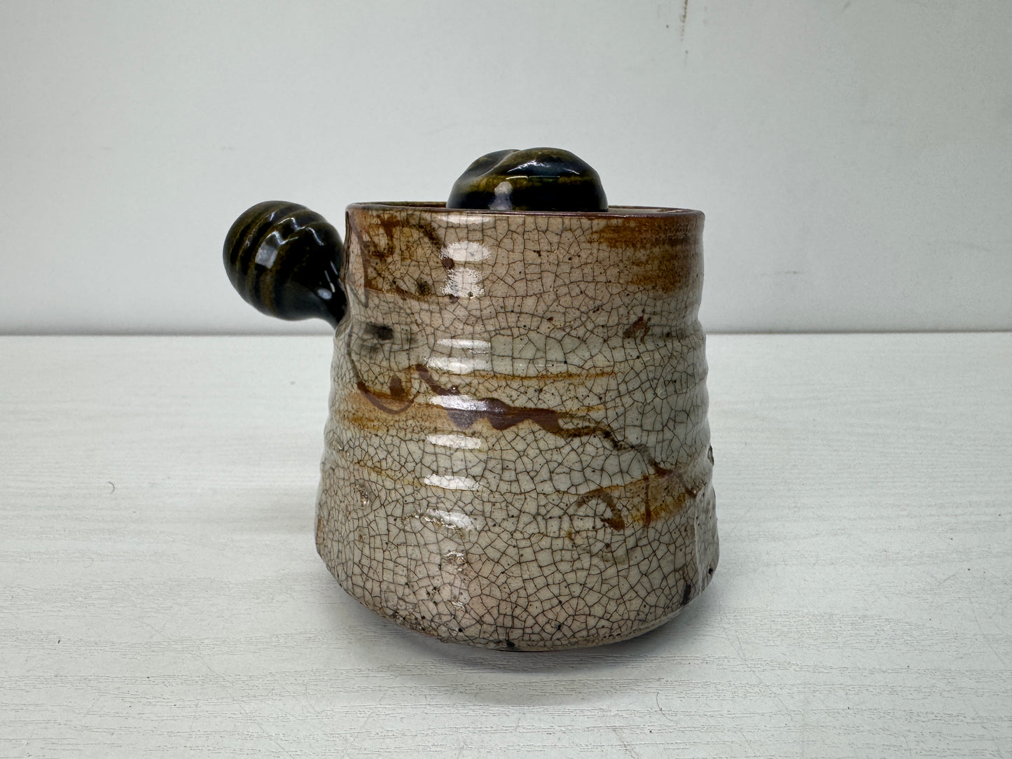 Y10490 KYUSU Oribe-ware teapot pot Sencha chipped lid Japan antique tea ceremony