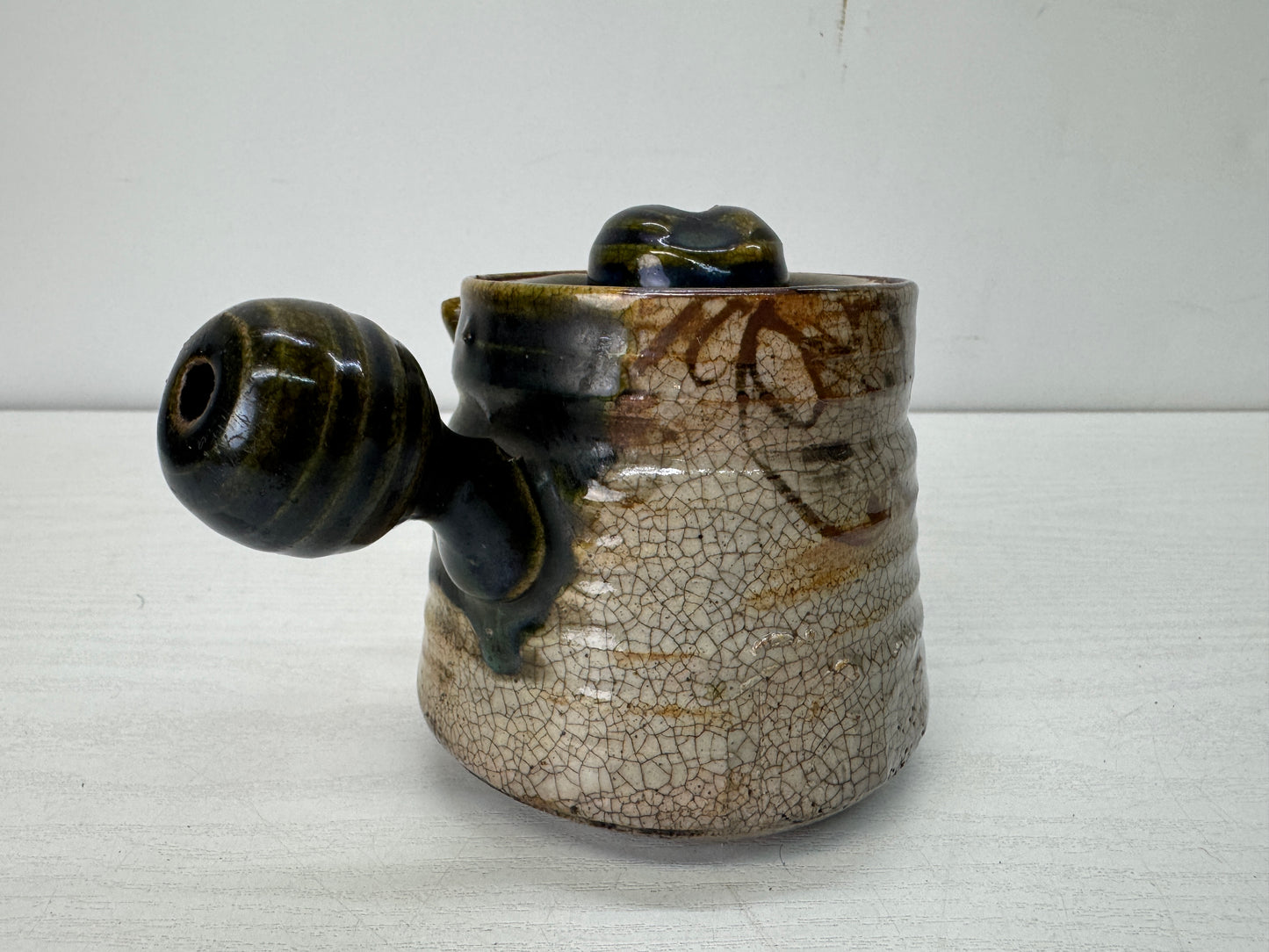 Y10490 KYUSU Oribe-ware teapot pot Sencha chipped lid Japan antique tea ceremony