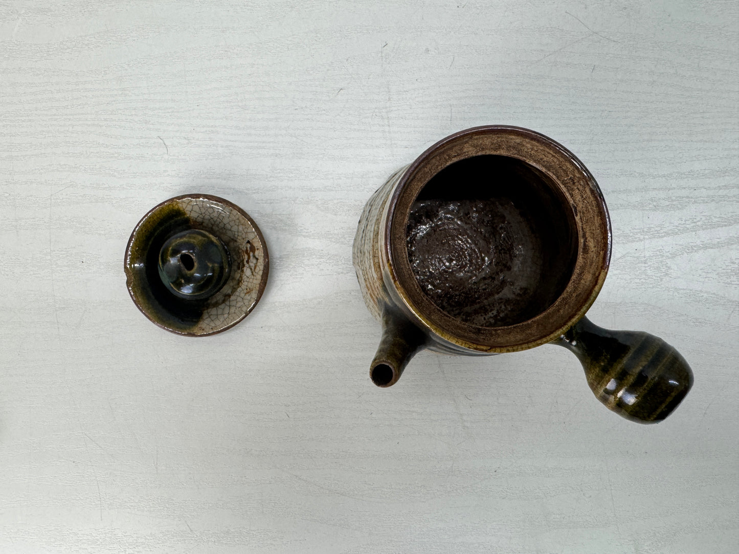 Y10490 KYUSU Oribe-ware teapot pot Sencha chipped lid Japan antique tea ceremony