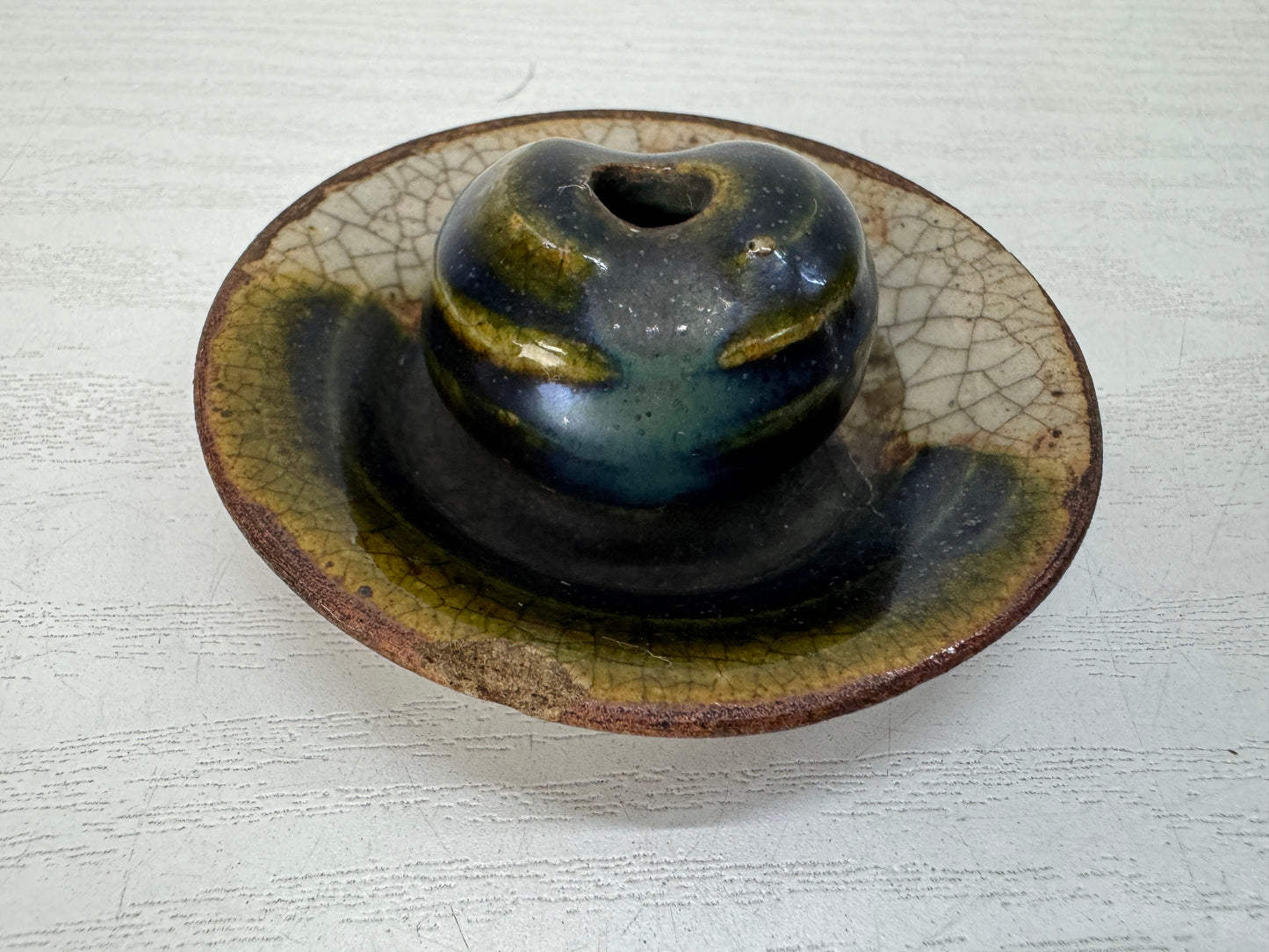 Y10490 KYUSU Oribe-ware teapot pot Sencha chipped lid Japan antique tea ceremony