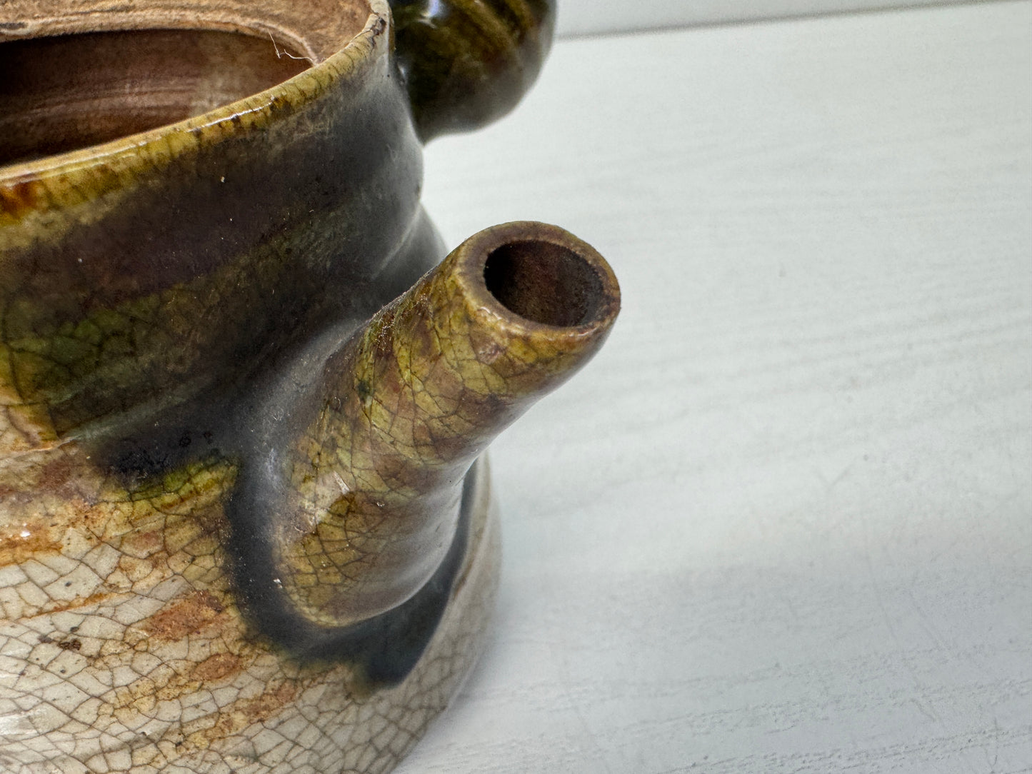 Y10490 KYUSU Oribe-ware teapot pot Sencha chipped lid Japan antique tea ceremony