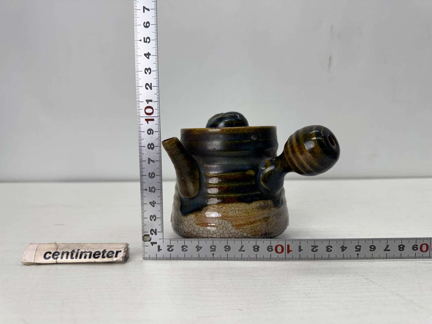 Y10490 KYUSU Oribe-ware teapot pot Sencha chipped lid Japan antique tea ceremony