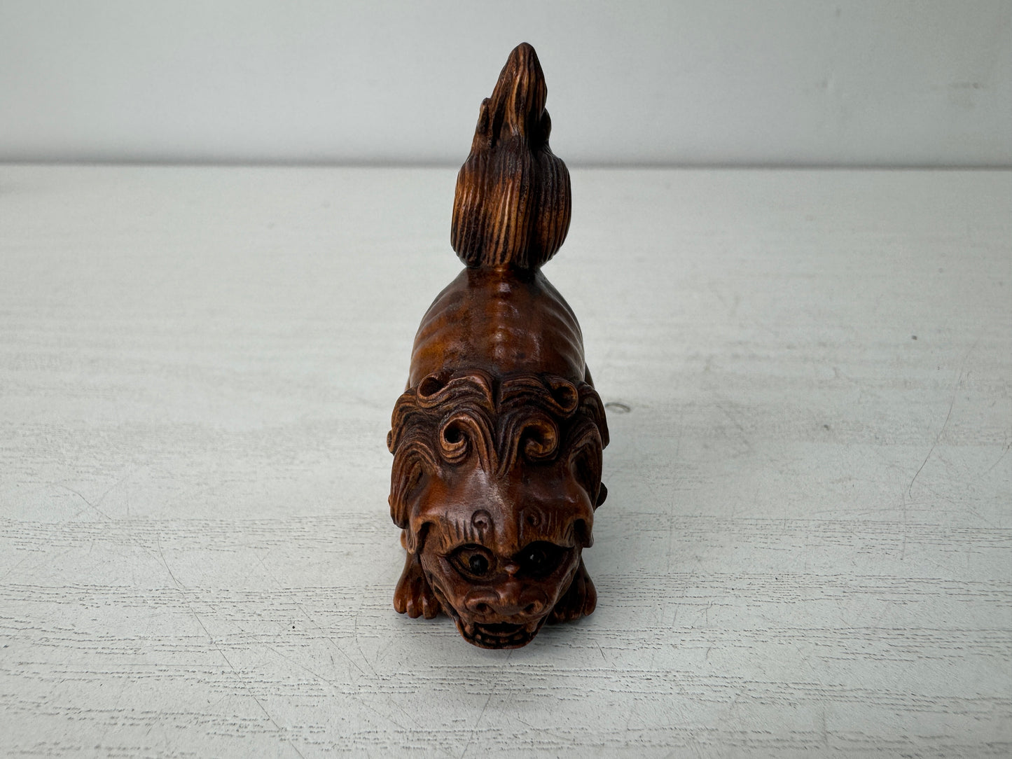 Y10509 NETSUKE wood carving Lion signed Japan antique kimono accessory sagemono