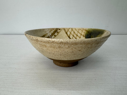 Y10511 CHAWAN Oribe-ware flat Matcha bowl Japan antique tea ceremony pottery cup