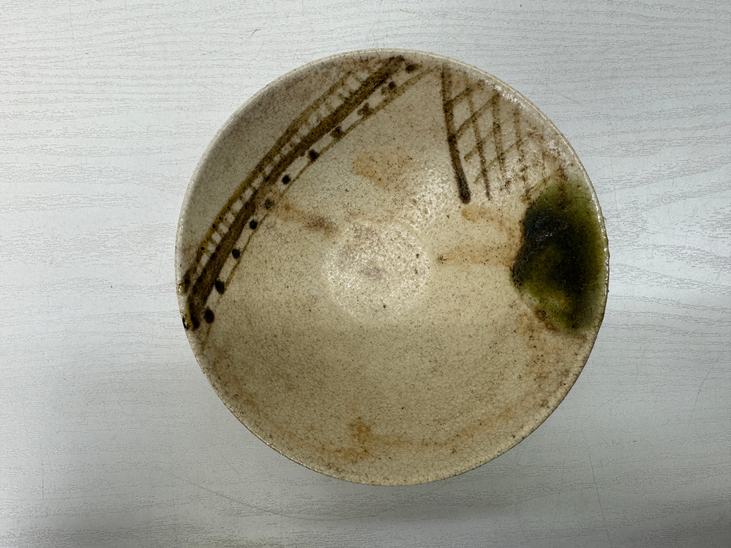 Y10511 CHAWAN Oribe-ware flat Matcha bowl Japan antique tea ceremony pottery cup