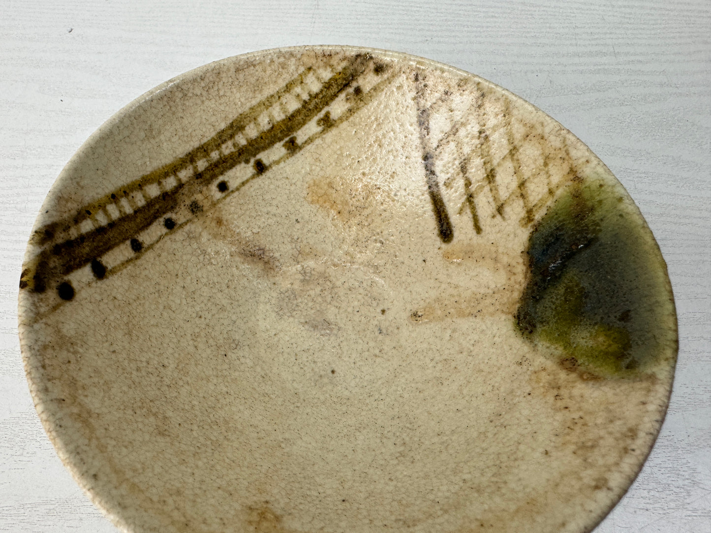 Y10511 CHAWAN Oribe-ware flat Matcha bowl Japan antique tea ceremony pottery cup