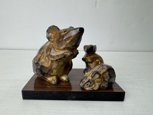 Y10524 OKIMONO Mino-ware 3 Mice figure figurine stand Japan antique interior