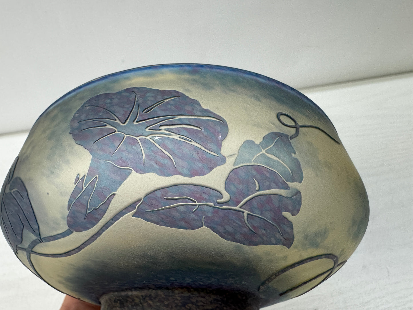 Y10546 CHAWAN Glass Galle-like flat bowl signed box Japan antique tea ceremony