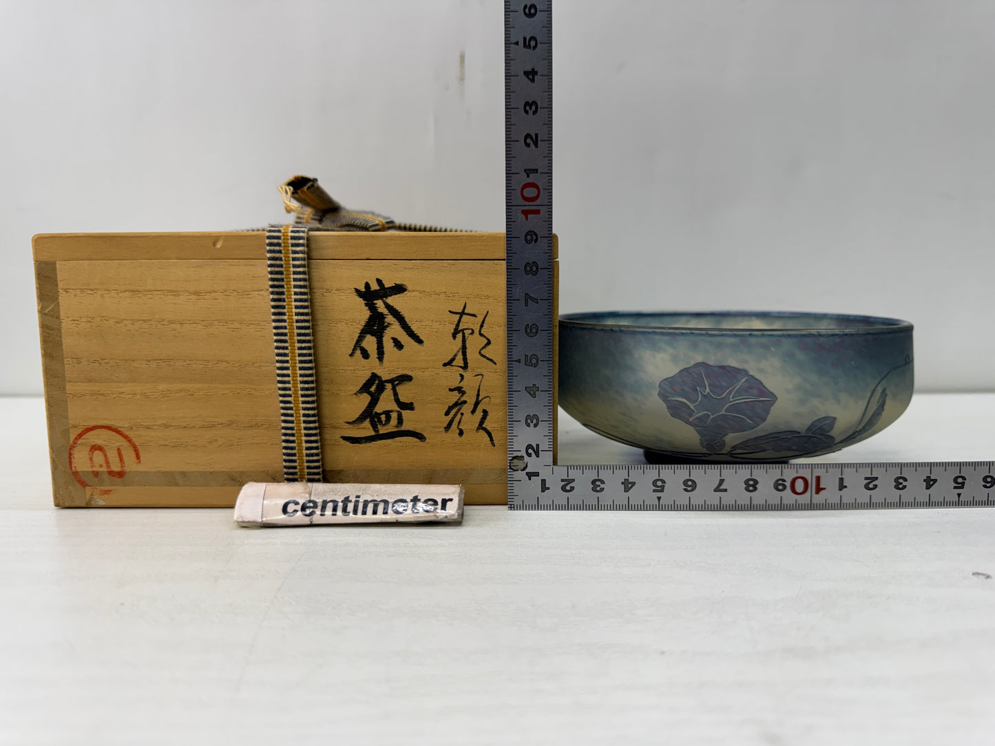 Y10546 CHAWAN Glass Galle-like flat bowl signed box Japan antique tea ceremony
