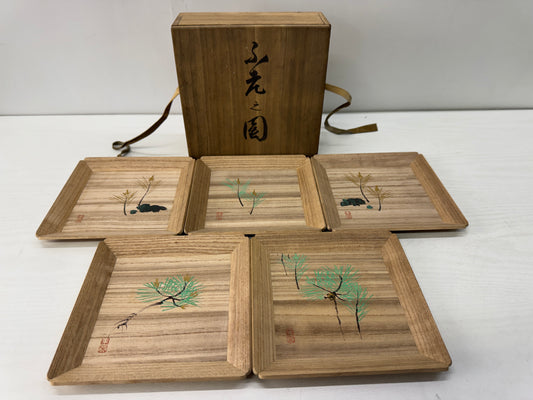 Y10550 DISH Paulownia serving plate different designs signed box Japan antique