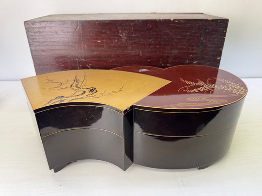 Y10554 BOX deformed 2-tiered Makie container Japan antique storage lunch case