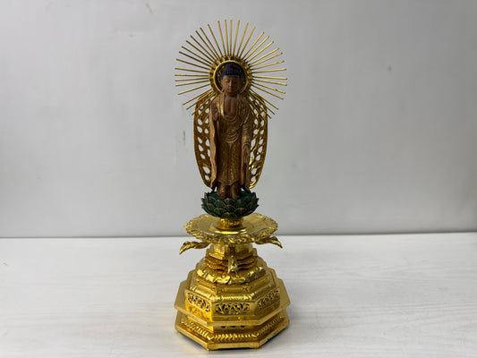 Y10558 STATUE wood carving Amida Buddha figurine Japan antique Buddhist figure
