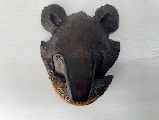 Y10561 ORNAMENT wood carving Bear wall decoration Ainu salmon Japan antique