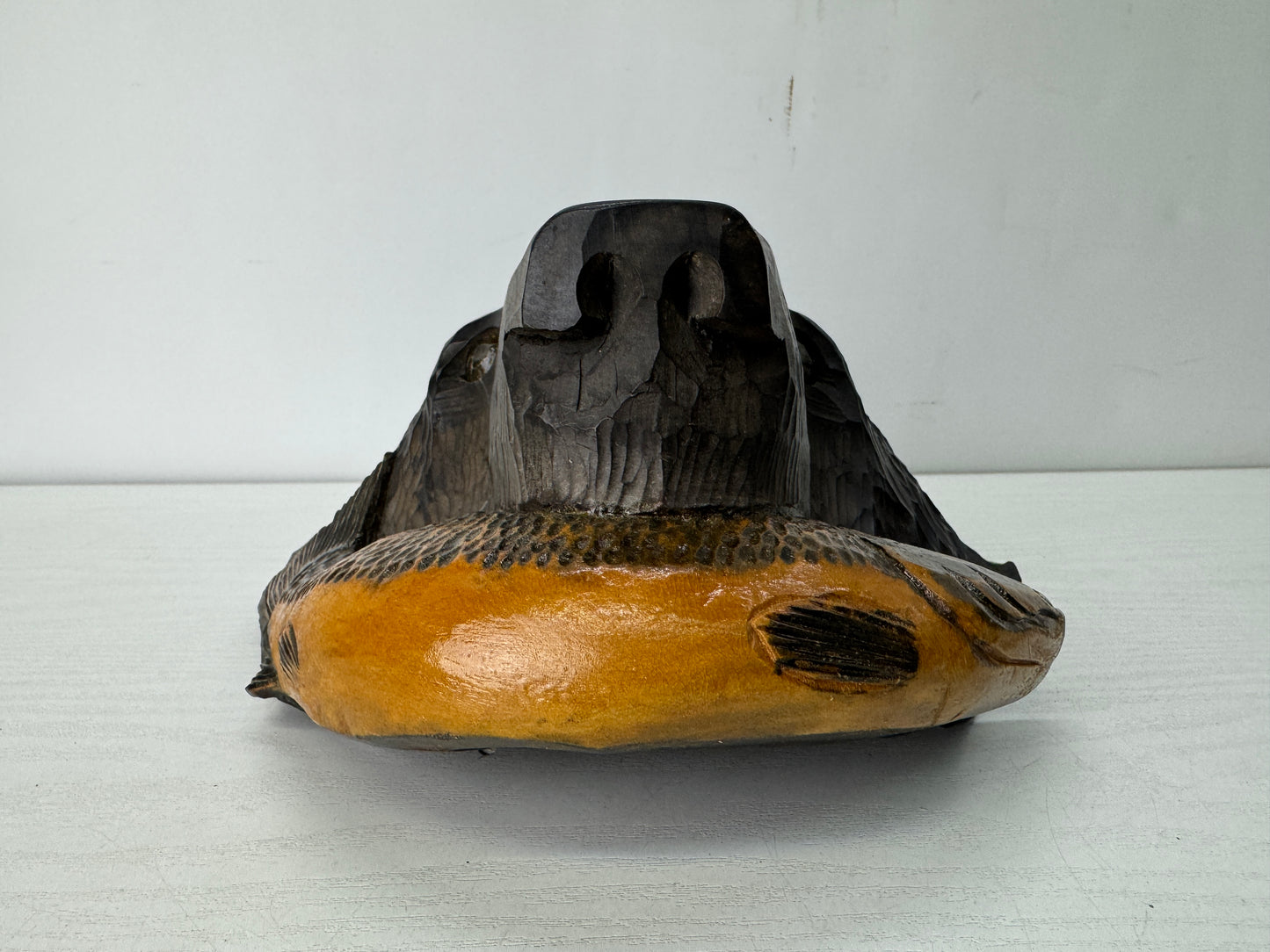 Y10561 ORNAMENT wood carving Bear wall decoration Ainu salmon Japan antique