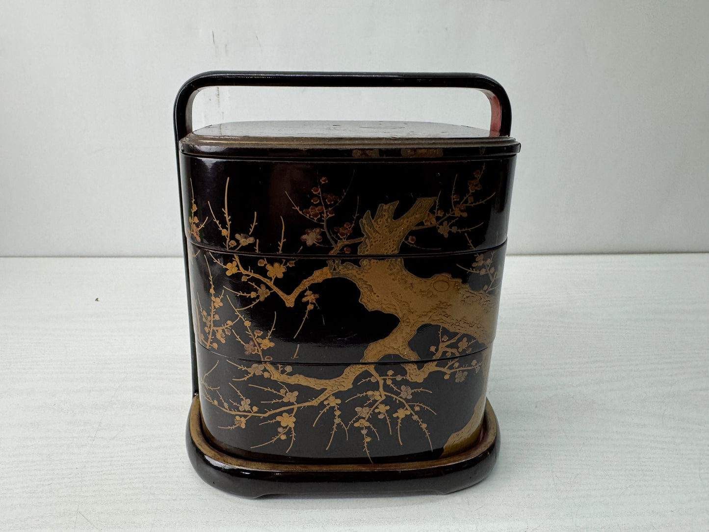 Y10566 BOX Makie 3-tiered box handle cherry blossom Japan antique container