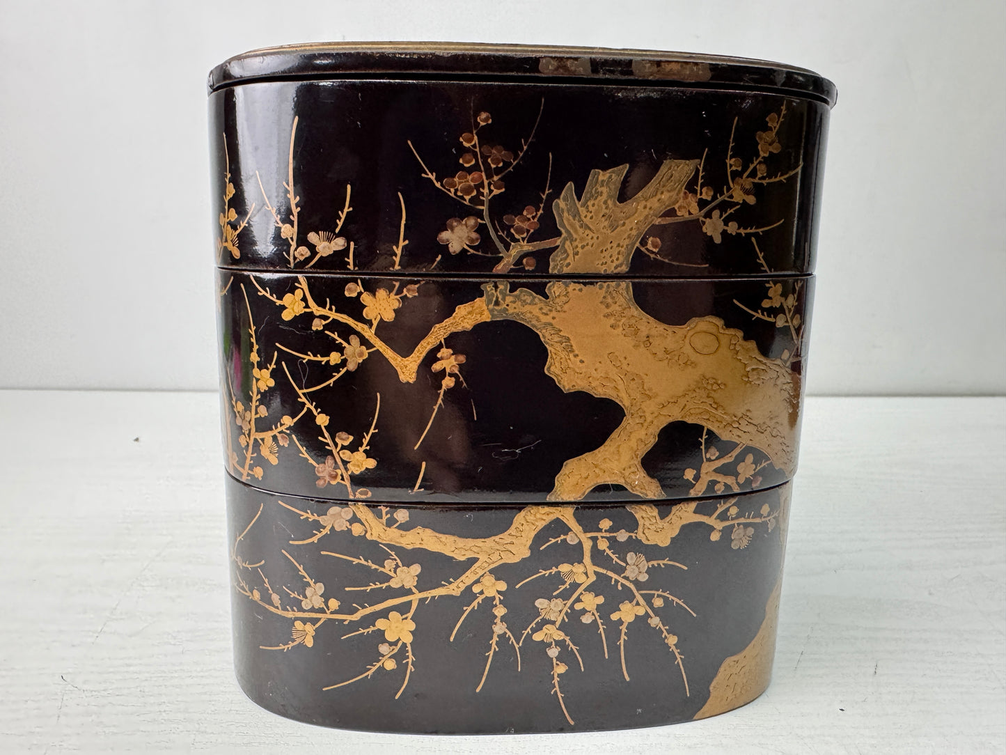 Y10566 BOX Makie 3-tiered box handle cherry blossom Japan antique container