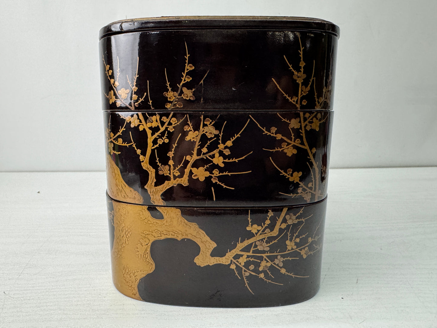 Y10566 BOX Makie 3-tiered box handle cherry blossom Japan antique container