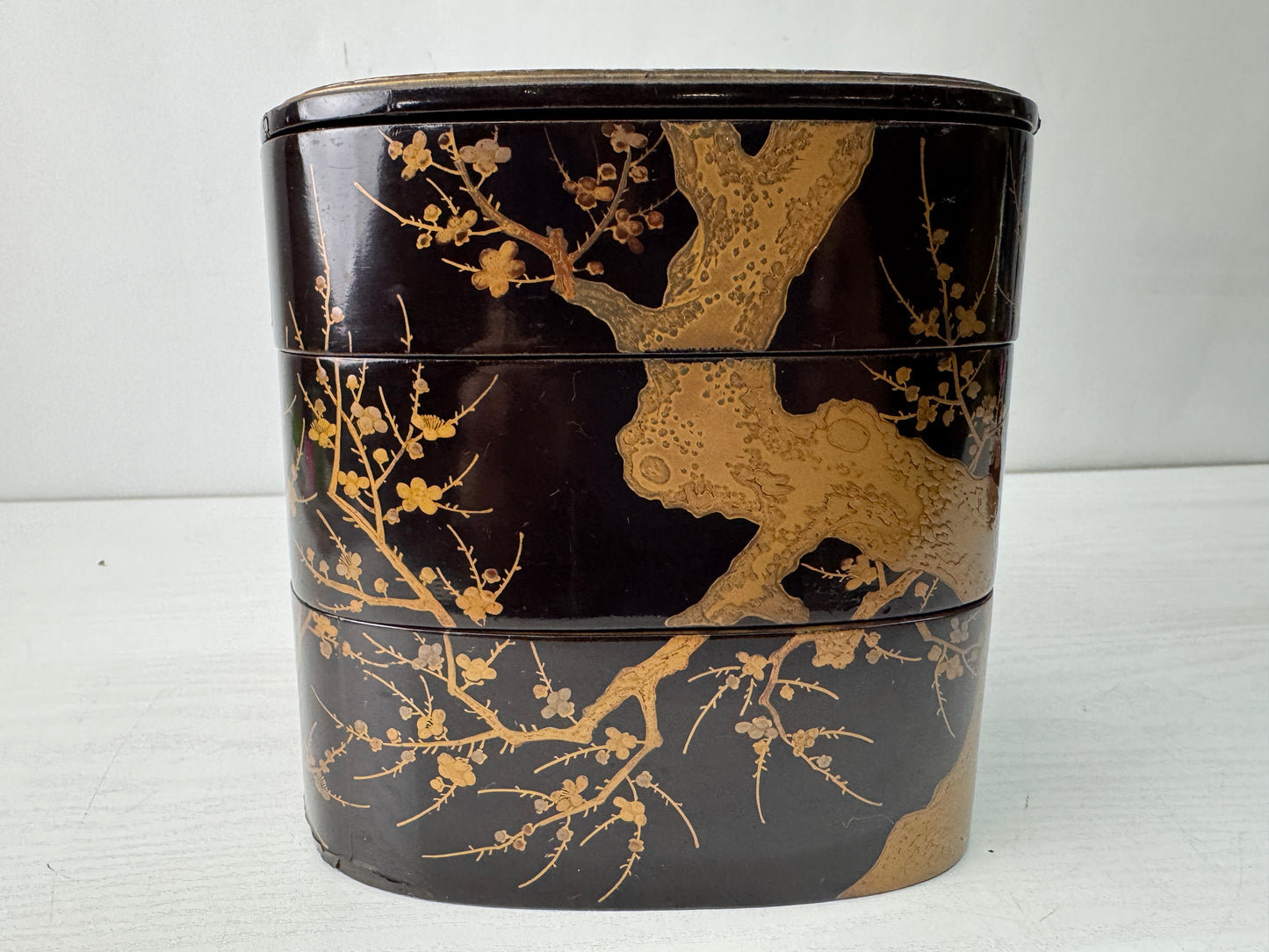 Y10566 BOX Makie 3-tiered box handle cherry blossom Japan antique container