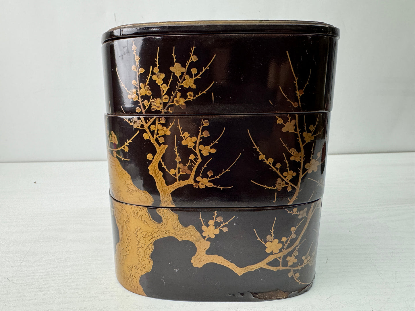 Y10566 BOX Makie 3-tiered box handle cherry blossom Japan antique container