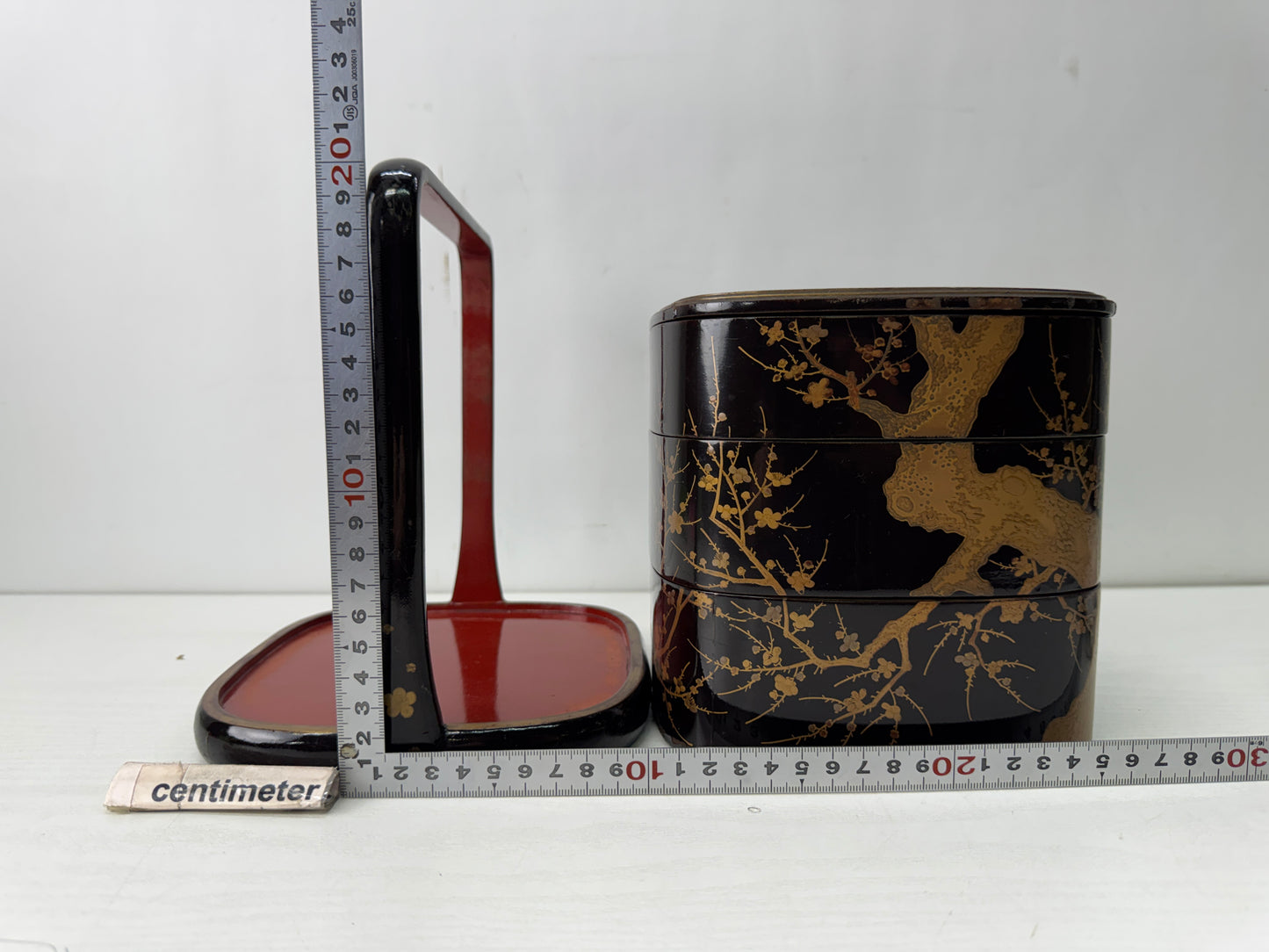 Y10566 BOX Makie 3-tiered box handle cherry blossom Japan antique container