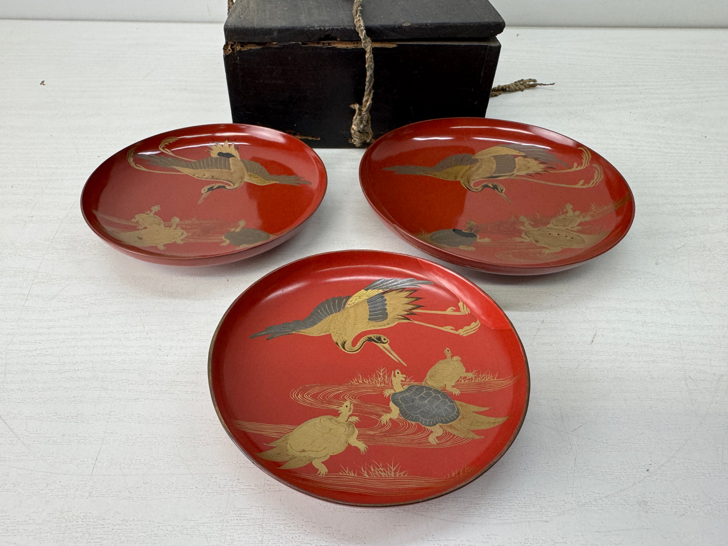 Y10567 CHAWAN Crane Turtle Makie Sake cup triple-tiered box Japan antique