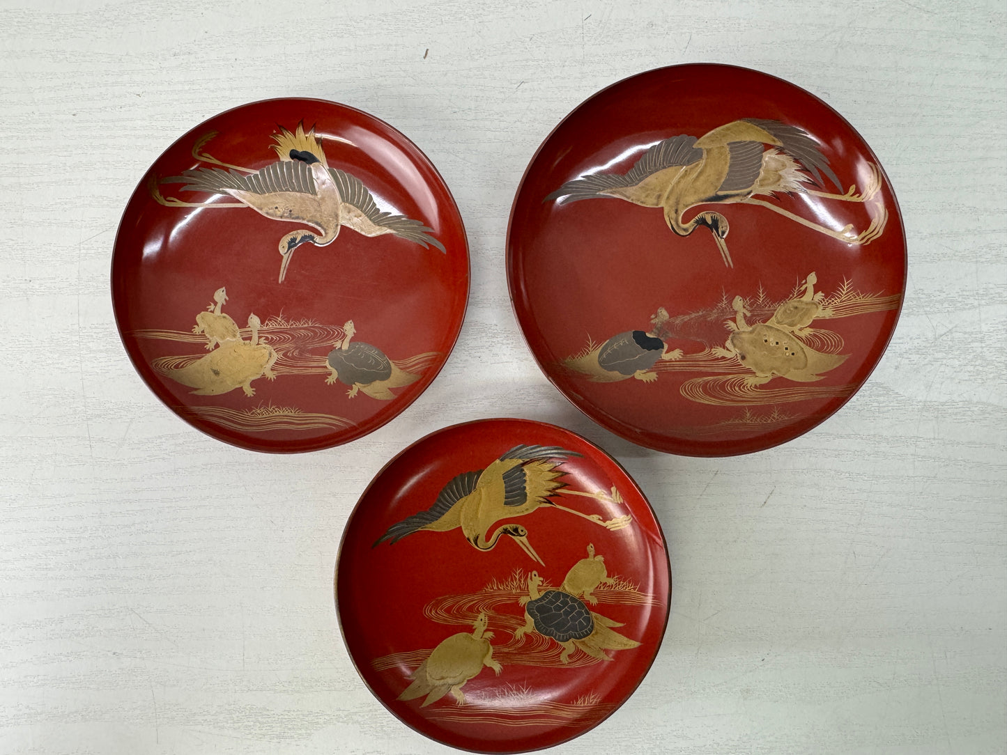Y10567 CHAWAN Crane Turtle Makie Sake cup triple-tiered box Japan antique