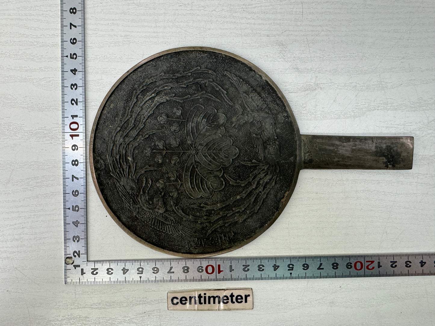 Y10568 KAGAMI old mirror Paulownia Phoenix signed Japan antique grooming care