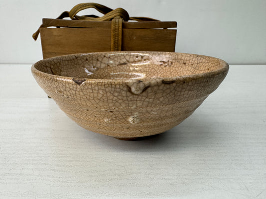 Y10571 CHAWAN Mino-ware flat bowl box Japan antique tea ceremony pottery cup