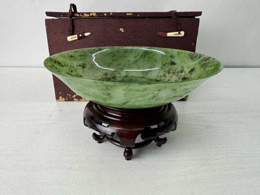 Y10602 CHAWAN Green stone Jade bowl wooden base box China antique tea ceremony