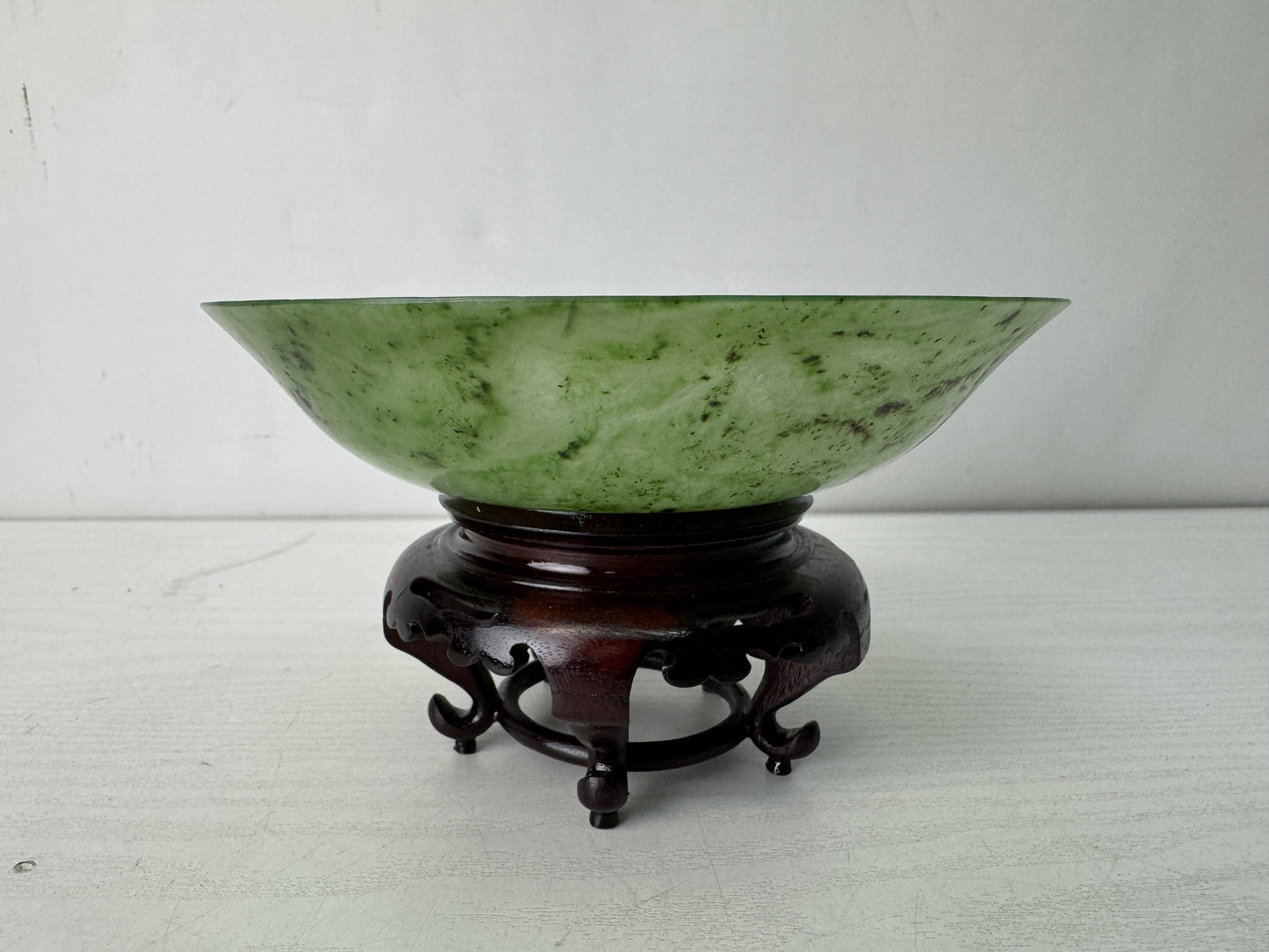 Y10602 CHAWAN Green stone Jade bowl wooden base box China antique tea ceremony