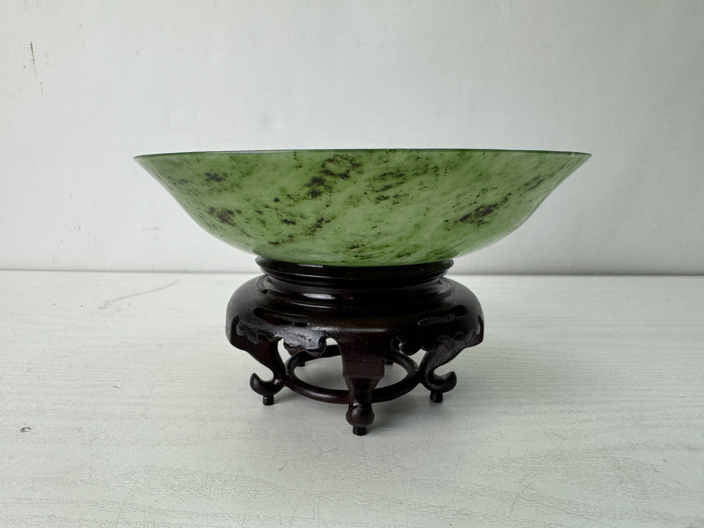 Y10602 CHAWAN Green stone Jade bowl wooden base box China antique tea ceremony