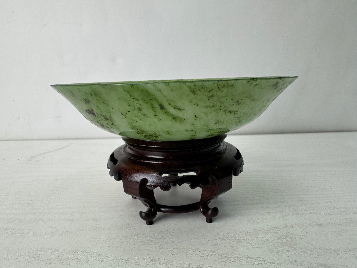 Y10602 CHAWAN Green stone Jade bowl wooden base box China antique tea ceremony