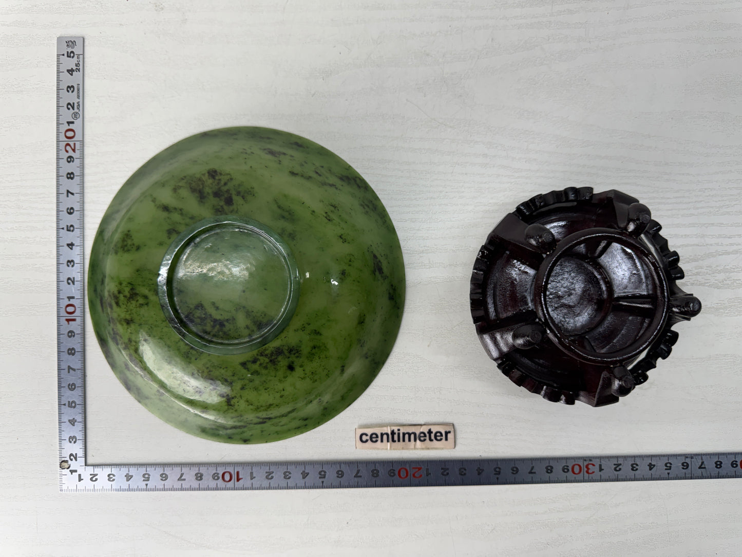 Y10602 CHAWAN Green stone Jade bowl wooden base box China antique tea ceremony