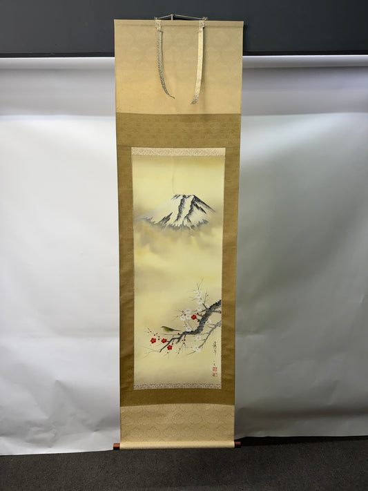 Y10606 KAKEJIKU Hanging scroll Mt. Fuji Plum signed box Japan antique interior