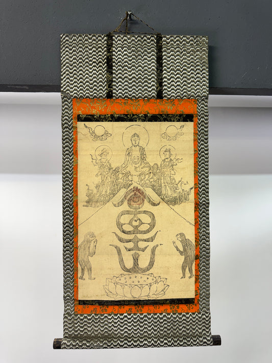 Y10613 KAKEJIKU Hanging scroll Mt. Fuji printed 3 Buddhas Monkey Japan antique