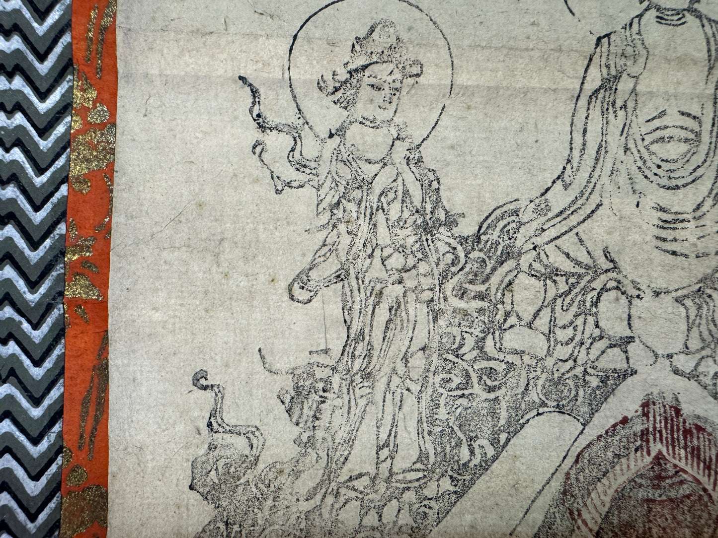 Y10613 KAKEJIKU Hanging scroll Mt. Fuji printed 3 Buddhas Monkey Japan antique