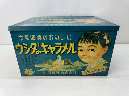 Y10616 TIN CAN Caramel Showa retro Japan antique container storage confectionery
