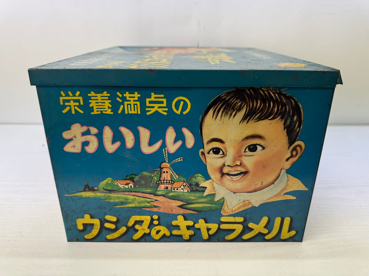 Y10616 TIN CAN Caramel Showa retro Japan antique container storage confectionery